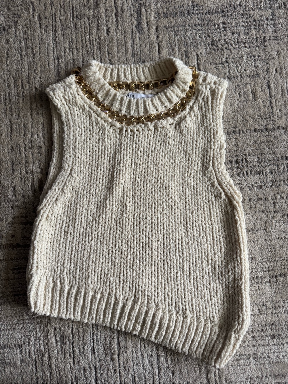 Zara Cream Knit Chain-Trim Sleeveless Tank Top